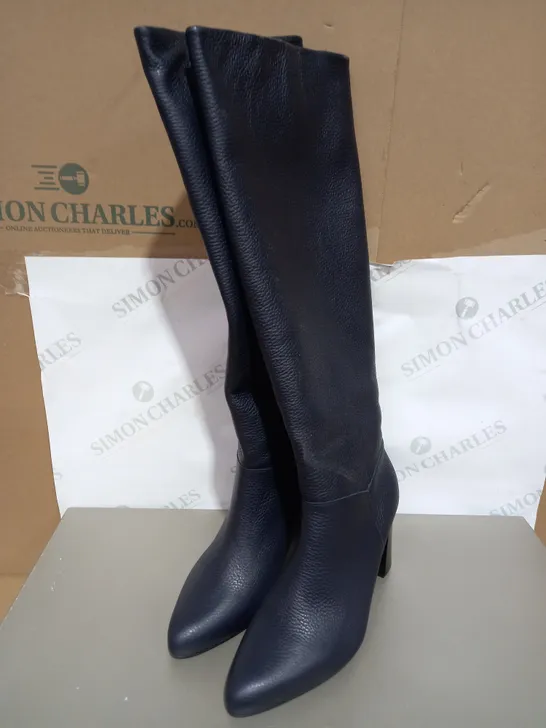 PETER KAISER KNEE HIGH LEATHER HEELED BOOTS, NAVY - SIZE 6