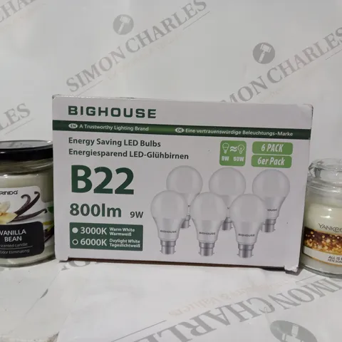 APPROXIMATELY 10 ASSORTED HOUSEHOLD ITEMS TO INCLUDE BIGHOUSE LED BULBS, YANKEE CANDLE, ETC
