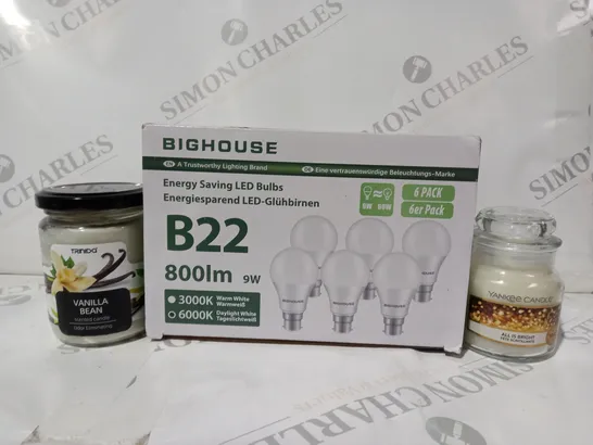 APPROXIMATELY 10 ASSORTED HOUSEHOLD ITEMS TO INCLUDE BIGHOUSE LED BULBS, YANKEE CANDLE, ETC