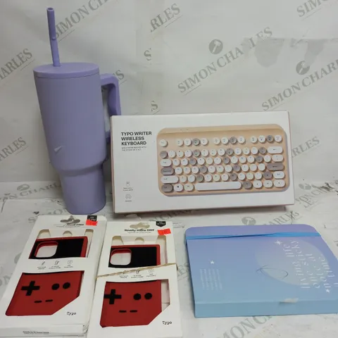 BOX OF APPROXIMATELY 15 ASSORTED ITEMS TO INCLUDE WIRELESS KEYBOARD, WATER BOTTLE, NOVELTY PHONE CASE ETC