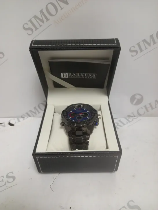 BOXED BARKERS OF KENSINGTON MEGA SPORT WATCH WITH BLUE FACE & BLACK STRAP 