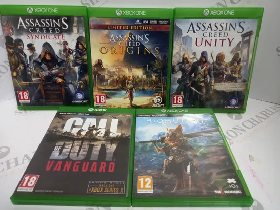 5 X ASSORTED XBOX GAMES TO INCLUDE ASSASSIN'S CREED ORIGINS, CALL OF DUTY VANGUARD, BIOMUTANT ETC 