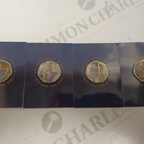 BOX OF 4 SETS OF KING CHARLES III COLLECTABLE 50P COINS