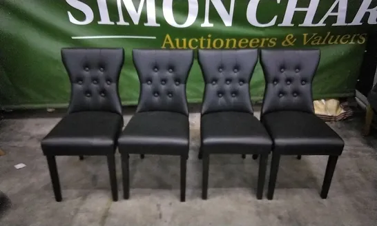 SET OF 4 BLACK LEATHER BUTTONBACK STUDDED DINING CHAIRS WITH KNOCKER BACKS AND BLACK WOODEN LEGS