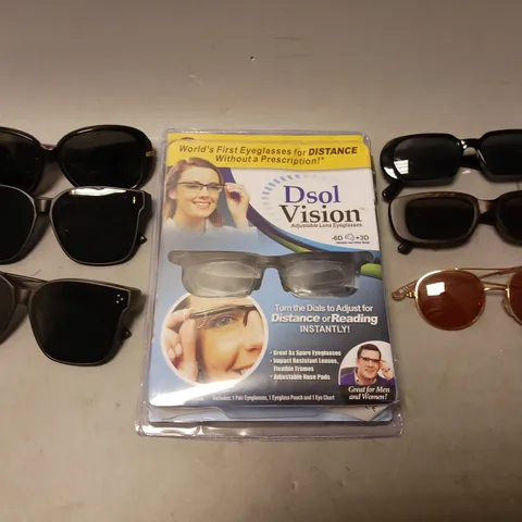 BOX OF APPROXIMATELY 12 ASSORTED VISION CARE ITEMS TO INCLUDE - UNBRANDED FASHION SUNGLASSES , DSOL VISION ADJUSTABLE LENS EYEGLASSES , UNBRANDED WIDE LENS SUNGLASSES ETC