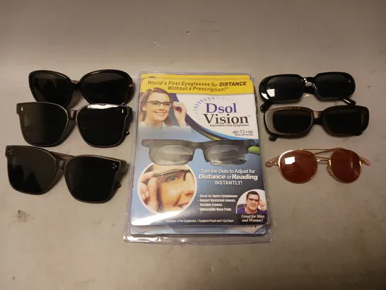 BOX OF APPROXIMATELY 12 ASSORTED VISION CARE ITEMS TO INCLUDE - UNBRANDED FASHION SUNGLASSES , DSOL VISION ADJUSTABLE LENS EYEGLASSES , UNBRANDED WIDE LENS SUNGLASSES ETC