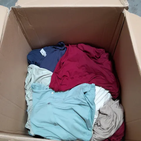 BOX OF ASSORTED WOMENS CLOTHING TO INCLUDE TURTLENECKS AND BUTTON TOPS