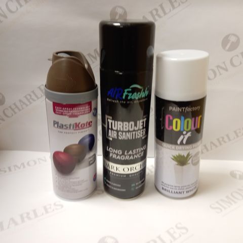 BOX OF APPROX 10 ASSORTED AEROSOLS TO INCLUDE PLASTIKOTE SPRAY PAINT, PAINT FACTORY COLOUR IT SPRAY PAINT, AIRFRESH TURBO JECT AIR SANITISER