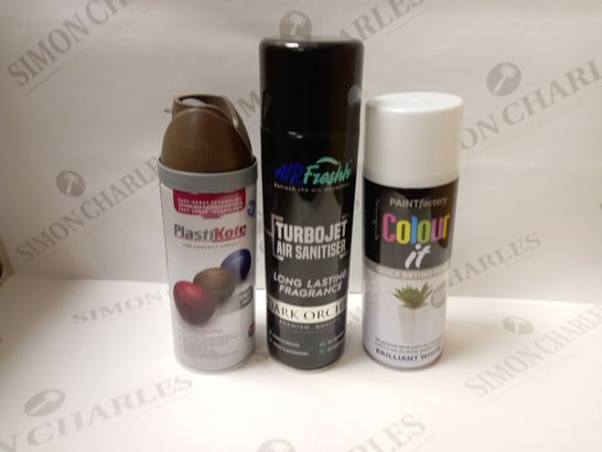 BOX OF APPROX 10 ASSORTED AEROSOLS TO INCLUDE PLASTIKOTE SPRAY PAINT, PAINT FACTORY COLOUR IT SPRAY PAINT, AIRFRESH TURBO JECT AIR SANITISER
