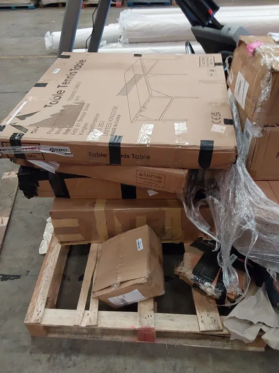 PALLET OF ASSORTED ITEMS INCLUDING, TABLE TENNIS TABLES, VESGANTTI PORTABLE MASSAGE BED, BASKETBALL STAND