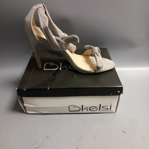 BOXED KELSI LADIES GREY SATIN HIGH HEELED SANDALS WITH TIE DETAIL SIZE EU 38