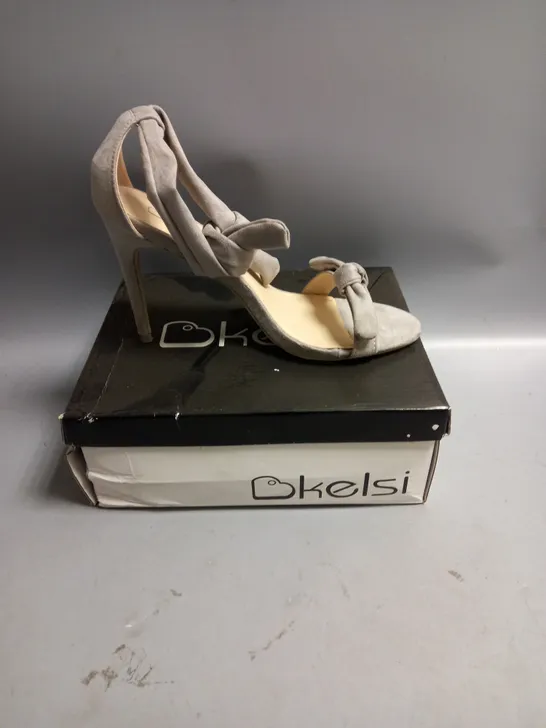 BOXED KELSI LADIES GREY SATIN HIGH HEELED SANDALS WITH TIE DETAIL SIZE EU 38