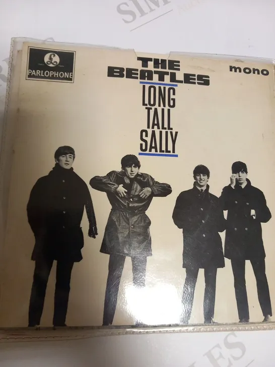 4 ASSORTED THE BEATLES VINYL RECORDINGS TO NCLUDE; LONG TALL SALLY, SHE LOVES YOU, ALL YOU NEED IS LOVE AND TICKET TO RIDE