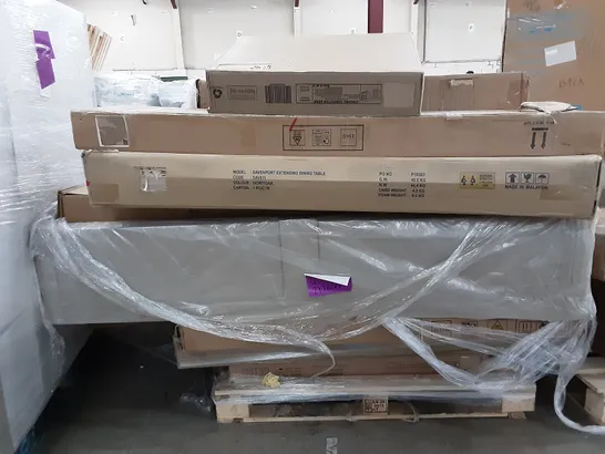 BOXED PALLET OF ASSORTED BOXED FURNITURE INCLUDING , DINING TABLE,  COMPUTER DESK , CORNER TV UNIT , HEADBOARD 