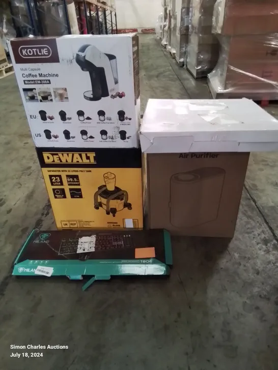 PALLET OF ASSORTED HOUSEHOLD ITEMS TO INCLUDE, AIR PURIFIER, TOILET SEAT, COFFEE MACHINE, KEYBOARD AND DEWALT