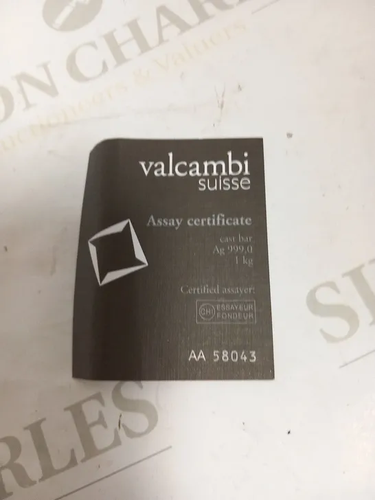 VALCOMBI SUISSE 1KG SILVER 999,0 AA58043 WITH ASSAY CERTIFICATE