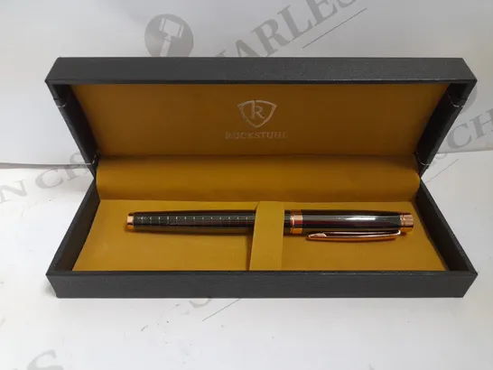 RUCKSTUHL STAINLESS STEEL LUXURY PEN IN GIFT BOX – BLACK & ROSE GOLD COLOUR CASE - HAND ASSEMBLED 