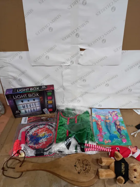 BOX OF ASSORTED TOYS AND GAMES TO INCLUDE STUFFED TOYS, FANCY DRESS AND MERMAID TOYS