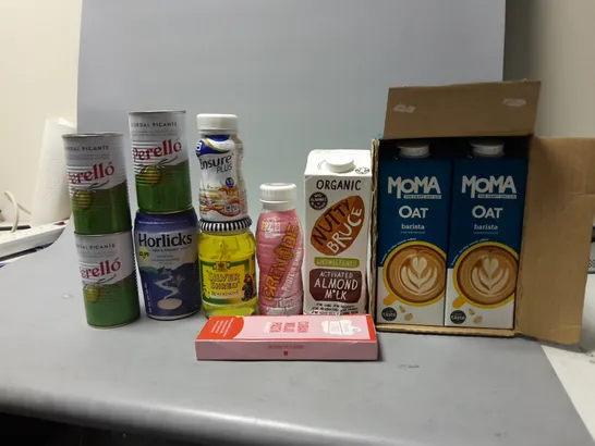 LOT OF ASSORTED FOOD ITEMS TO INCLUDE MOMA OAT MILK, PERELLO OLIVES, ETC