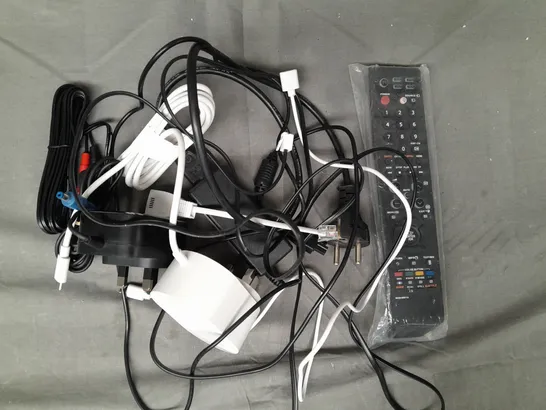 APPROXIMATELY 10 ASSORTED ELECTRICAL ITEMS TO INCLUDE REMOTES, AND POWER CABLES/ADAPTERS, ETC