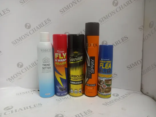 BOX OF APPROX 15 ASSORTED AEROSOLS TO INCLUDE - TOTEX HAIR SPRAY - SANMEX FLY & WASP KILLER - VODUZ TREND SETTER HAIRSPRAY ECT