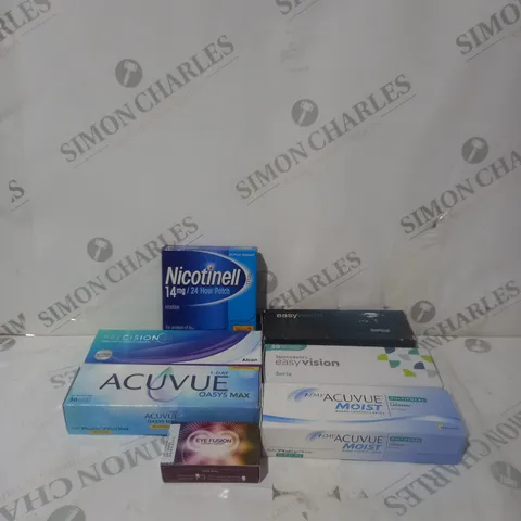 BOX OF APPROXIMATELY 50 ASSORTED CONTACT LENSES AND EYE TREATMENT TO INCLUDE ACUVUE, EASY VISION AND PRECISION 1