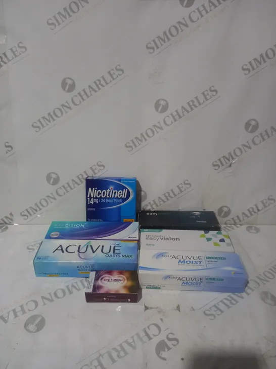 BOX OF APPROXIMATELY 50 ASSORTED CONTACT LENSES AND EYE TREATMENT TO INCLUDE ACUVUE, EASY VISION AND PRECISION 1