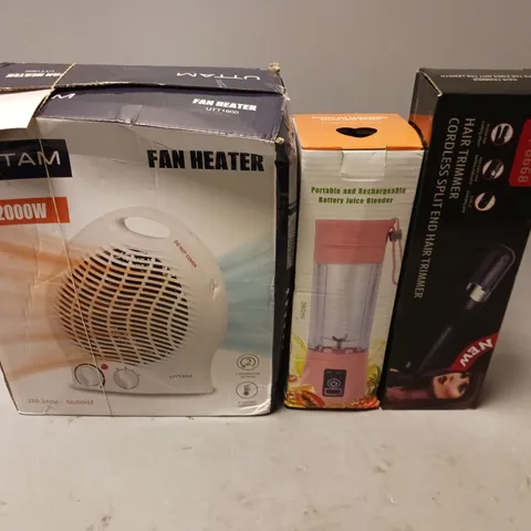 BOX OF ASSORTED ELECTRICAL ITEMS TO INCUDEHEATERS, JUICE BLENDER AND HAIR TRIMMER