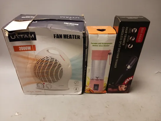 BOX OF ASSORTED ELECTRICAL ITEMS TO INCUDEHEATERS, JUICE BLENDER AND HAIR TRIMMER