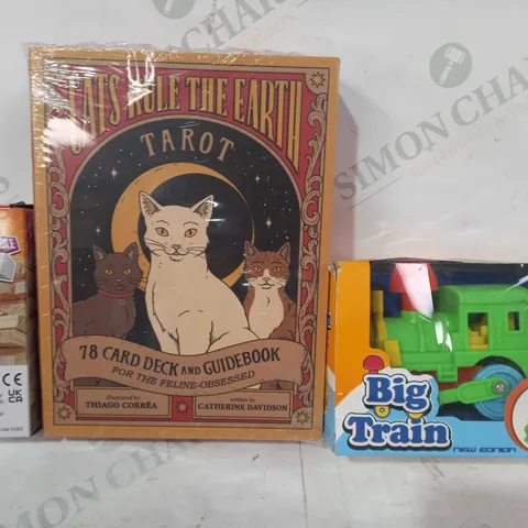 BOX OF APPROXIMATELY 20 ASSORTED TOYS AND GAMES TO INCLUDE BIG TRAIN, CATS RULE THE EARTH TAROT CARD DECK, TUMBLE TOWER GAME, ETC