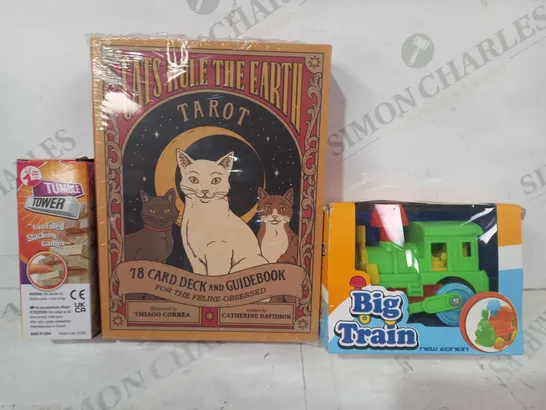 BOX OF APPROXIMATELY 20 ASSORTED TOYS AND GAMES TO INCLUDE BIG TRAIN, CATS RULE THE EARTH TAROT CARD DECK, TUMBLE TOWER GAME, ETC