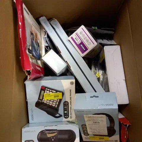 BOX OF ASSORTED ELECTRICAL ITEMS TOO INCLUDE KEYBOARDS ,, EARPHONES AND LANDLINE PHONES  