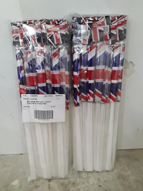 BOX CONTAINING APPROXIMATELY 16 PACKS EACH CONTAINING 24 BRAND NEW UNION JACK FLAGS ON STICKS