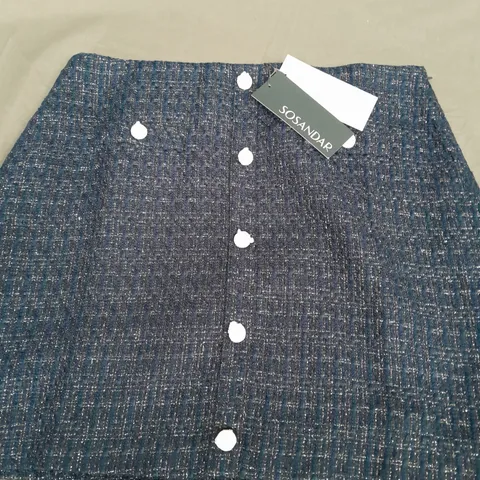 SOSANDER BUTTON FRONT BOUCLE A LINE SKIRT IN NAVY - SIZE 16