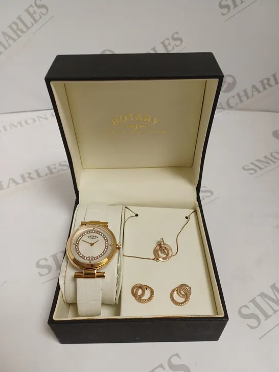 BOXED ROTARY LADIES WHITE & ROSE GOLD DIAL WATCH WITH NECKLACE AND EARRINGS - ROSE GOLD