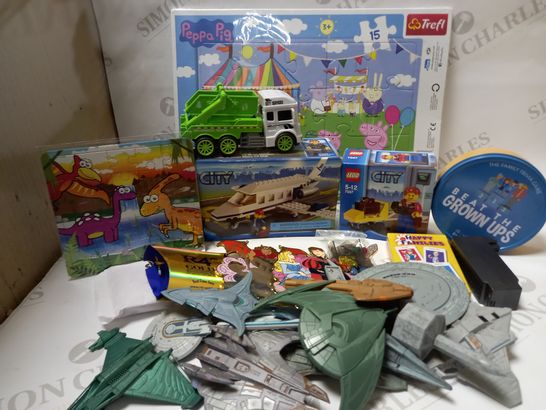 LOT OF ASSORTED ITEMS TO INCLUDE LEGO CITY AIRPORT COMMUTER JET 7696, LEGO TRAVELLER 7567, TREFL PEPPA PIG PUZZLE 31276, ETC.