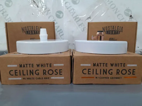 BOXED NOSTALGIA LIGHTS SET OF 9 CEILING ROSE IN MATTE WHITE TO INCLUDE WHITE CABLE GRIP AND COPPER GROMMET VARIANTS