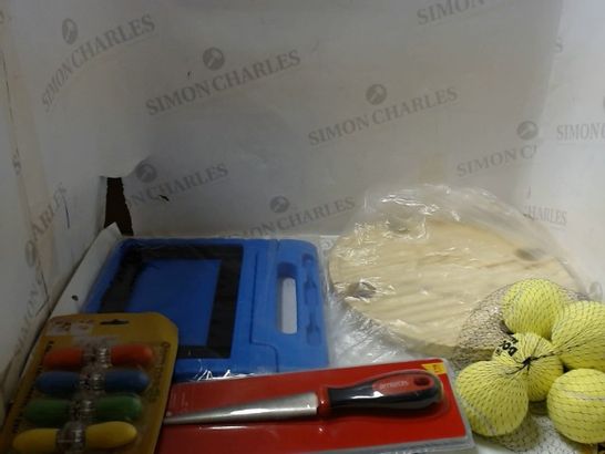 LARGE BOX OF A SIGNIFICANT QUANTITY OF ASSORTED HOUSEHOLD ITEMS TO INCLUDE; TENNIS BALLS, TOOLS, KITCHEN UTENSILS ETC 
