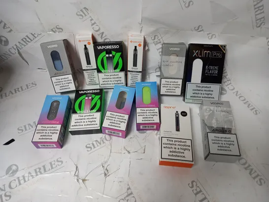 APPROXIMATELY 12 ASSORTED VAPES INCLUDING VOOPOO, ASPIRE, VAPORESSO