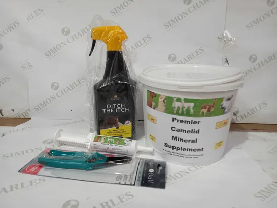 BOX OF APPROX 4 ITEMS TO INCLUDE CAMELID MINERAL SUPPLEMENT, DITCH THE ITCH MIDGE REPELLENT AND FOOTROT SHEARS