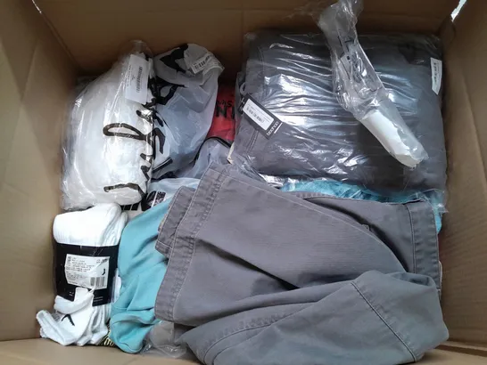 BOX OF APPROXIMATELY 25 ASSORTED CLOTHING ITEMS TO INCLUDE - T-SHIRT , SWIMSUIT BRA  , JACKET ECT