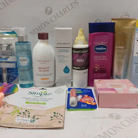 LOT OF APPROX 12 ASSORTED BEAUTY PRODUCTS TO INCLUDE MYVITAMINS BEAUTY ELIXIR, VASELINE BODY LOTION, JOICE CONDITIONER, ETC