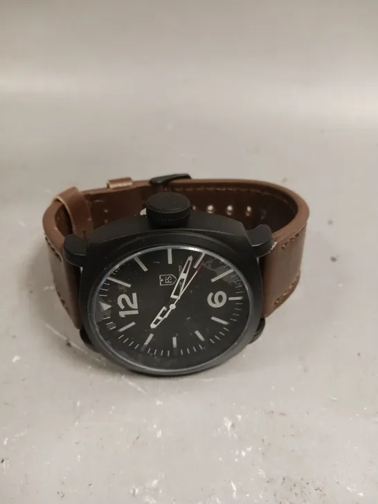 MENS FRANK SCHMIDT WATCH – LARGE BLACK CASE – BLACK PILOT DIAL – BROWN STRAP