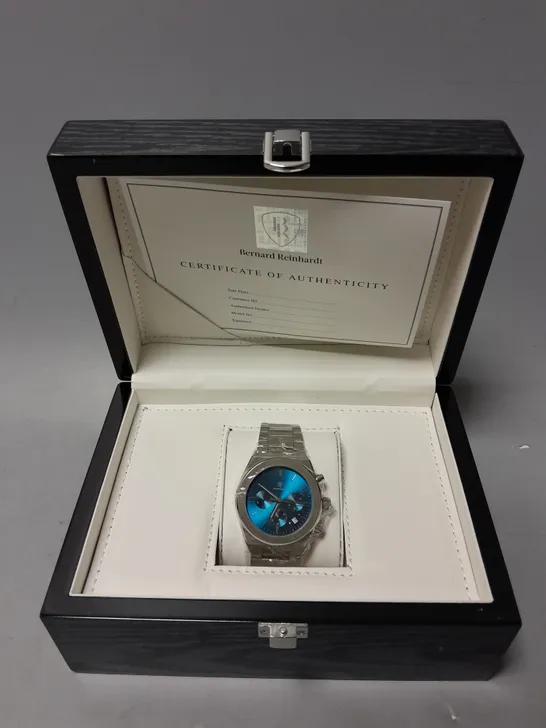 BOXED BERNARD REINHARDT CHRONOGRAPH BLUE DIAL WATCH 