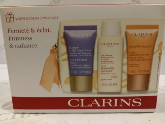 CLARINS PARIS GIFT SET FIRMNESS & RADIANCE INCLUDING EXTRA FIRMING MASK 15ML, VELVET CLEANSING MILK 50ML, EXTRA FIRMING NUIT 15ML