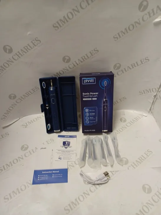 BOXED PHNITI SONIC POWER RECHARGEABLE TOOTHBRUSH WITH CASE, SIX HEADS, USB CABLE AND INSTRUCTIONS