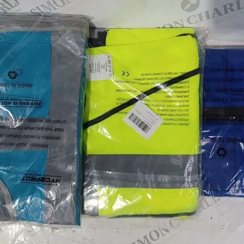 APPROXIMATELY 5 ASSORTED HI-VIS SAFETY VESTS IN VARIOUS COLOURS AND SIZES