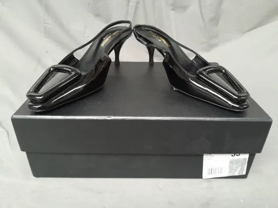 BOXED PAIR OF SAINT LAURENT PARIS CLOSED TOE LOW HEEL SHOES IN GLOSSY BLACK EU SIZE 35