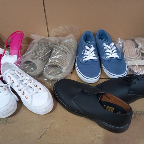 BOX OF APPROXIMATELY 20 ASSORTED DESIGNER FOOTWEAR ITEMS TO INCLUDE BLACK FAUX LEATHER SHOES SIZE UNSPECIFIED, PINK HEELS EU SIZE 39, VANS BLUE SHOES UK SIZE 9, ETC