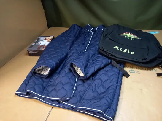 BOX OF APPROXIMATELY 25 ASSORTED CLOTHING ITEMS TO INCLUDE A BLUE ZIPPED LADIES JACKET, AND A DINOSOUR THEMED CHILDRENS BAG AND A UNDERWEAR SET